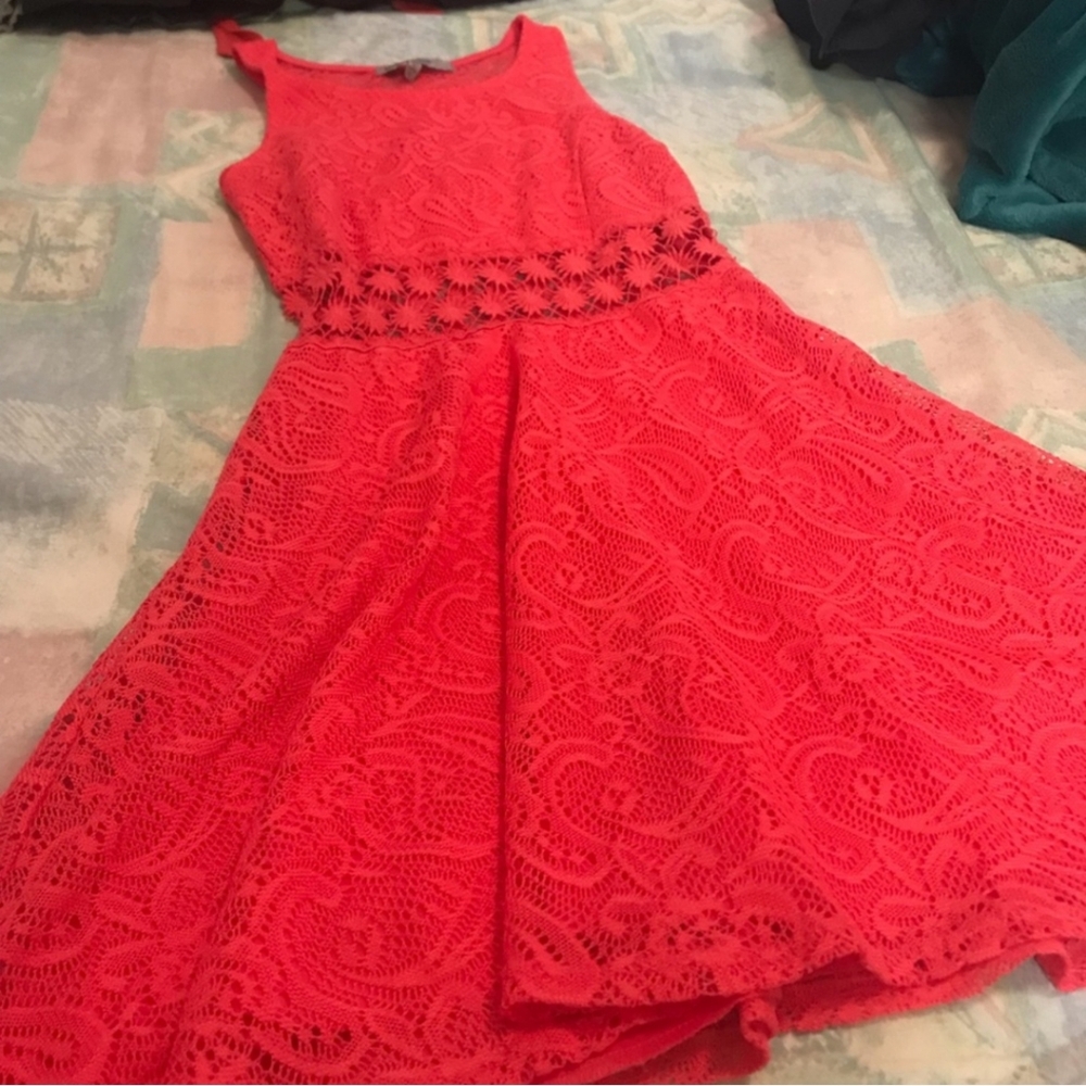 Bailey Blue Bright Coral Pink Lace Dress With Crocheted Lace Insert (S)